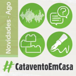 Imagem em tons de verde e branco com símbolo de frequência, interrogação, peças de lego e caneta. Escrito #Cataventoemcasa