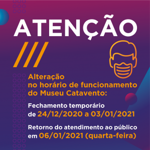 Informativo de horário de funcionamento de final de ano, com uma ilustração de um homem de máscara e o aviso do período de fechamento temporário. 