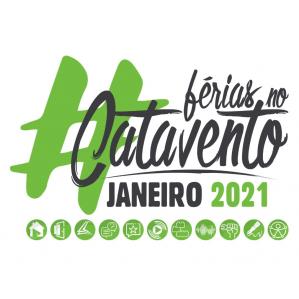 Logo com uma hastag e os dizeres "Férias no Catavento, Janeiro 2021"
