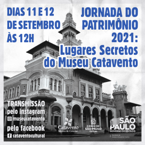 Foto do Museu Catavento em preto e branco e letras azuis