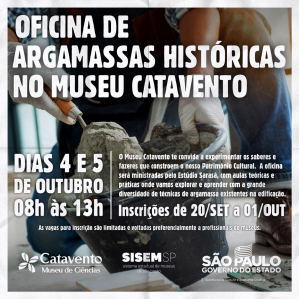 imagem de duas mãos modelando com argamassa e texto explicativo sobre a oficina