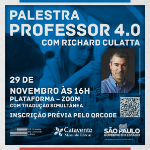 Arte de divulgação com foto do professor Richard Culatta e informações para inscrições