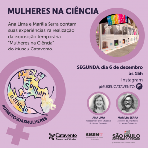 Fundo rosa, foto da expósição mulheres na ciência 