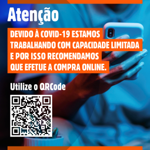 Imagem com texto escrito "Devido à Covid-19 estamos trabalhando com capacidade limitada e por isso recomendamos que efetue a compra online.  Utilize o QRCode ou acesse: museucatavento.org.br"