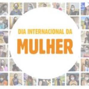 escrita em amarelo e laranja, ao fundo mosaico com fotos de funcionárias