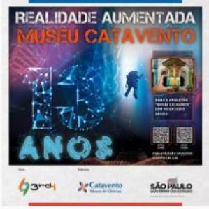 cartaz com letras brancas e azuis e 2 qr codes