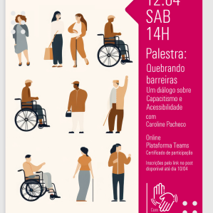 Imagem com desenhos de pessoas em cadeiras de rodas, na lateral há uma faixa rosa